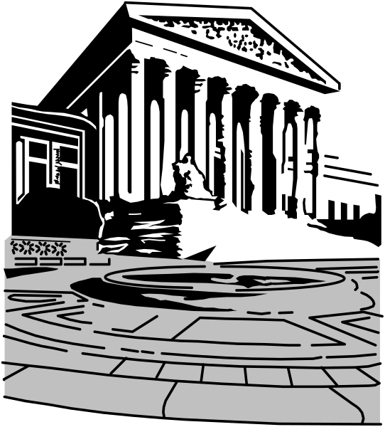 The black and white illustration shows a classical building with columns at nighttime under dark skies, featuring an entrance flanked by statues on either side of steps leading up to it; there is no visible text in this image.