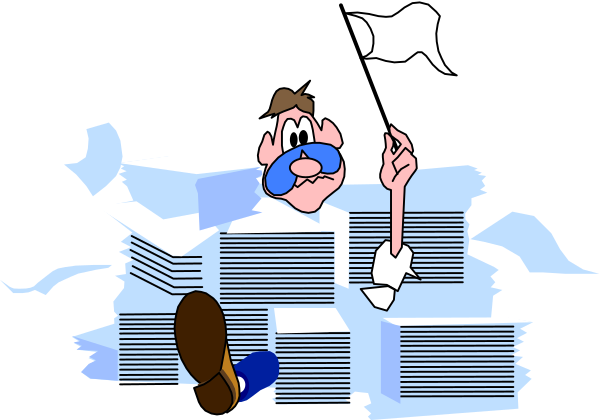 The image shows a cartoon character with papers flying out of their hands while standing on top of them; there is no text present in this clip-art illustration.