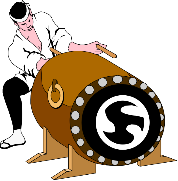 The illustration shows a person playing an instrument that resembles a large drum with circular patterns on it; there is also another figure in white standing behind this object who appears to be conducting or directing the performance, and both figures seem engaged in some sort of musical activity within what looks like a dark space.