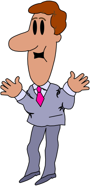 The cartoon shows a man with exaggerated facial features standing against a black background; he is wearing a suit jacket over his shirtless torso, has dark hair on top of his head, wears glasses, and appears to be gesturing towards something off-frame while smiling broadly at the viewer.