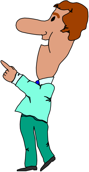 The cartoon shows a man pointing at something with his right hand while standing against a black background; he is wearing glasses on top of his head, has short hair, wears a blue shirt under an open jacket and dark pants, and appears to be in mid-stride as if walking or gesturing.