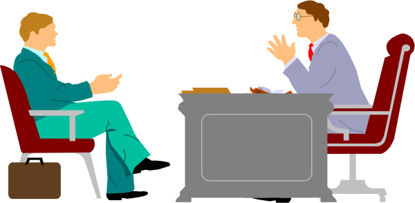 The illustration depicts a scene with two men sitting at an office desk facing each other; both have their hands raised as if in conversation. One man is on the left side of the image while the other sits to his right, and there's another person seated behind them who appears to be listening or observing from afar. The setting includes a chair with luggage next to it at one end of the desk, suggesting travel context; an office environment indicated by the presence of chairs, desks, and what seems like suitcases in the background.