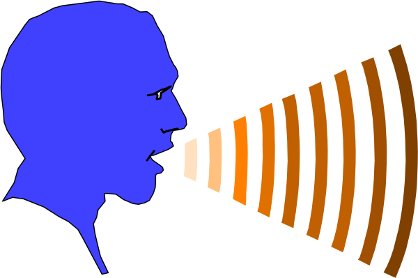 The image shows two stylized human heads with speech bubbles containing sound waves; there is no background detail provided.