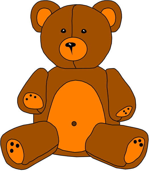 The image shows a large brown teddy bear sitting on its side with black eyes and nose, wearing an orange shirt that has been ripped open to reveal stuffing inside.