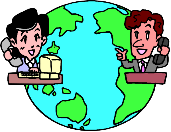 The cartoon shows two animated characters sitting at a desk with maps of Earth on their desks; there's also an image in between them showing another character pointing to something off-screen while talking into a phone, and below this scene is a depiction of our planet from space.