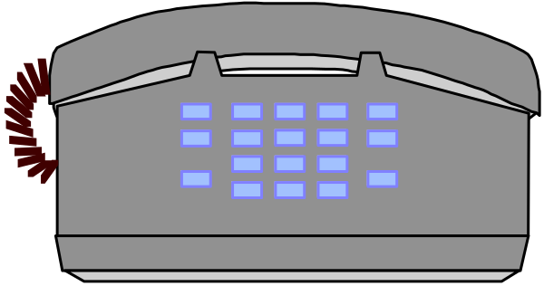 The image shows a gray telephone with blue lights on its side placed against a dark background.