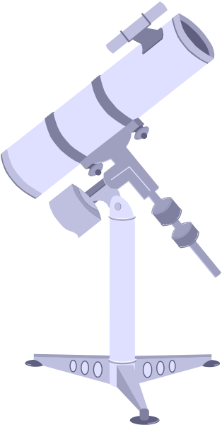 The image shows a cartoon depiction of an astronomical telescope with its tripod on top standing next to what appears to be a space shuttle launchpad against a gray background.
