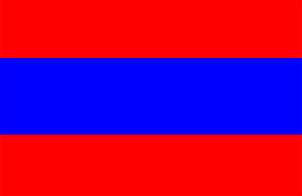 The image shows a red banner with blue stripes on it against a gray background.