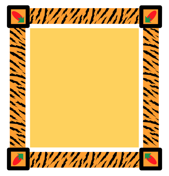The image shows a square with four corners featuring tiger stripe patterns; there is no content within this frame except for two small red shapes in opposite corners that resemble flowers or leaves.