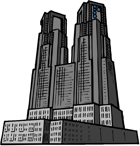 The image shows a black and white illustration of two tall skyscrapers with many windows against an urban nighttime background; one building has multiple levels while another is taller and features more floors at its top, suggesting it's closer to the viewer due to perspective distortion.