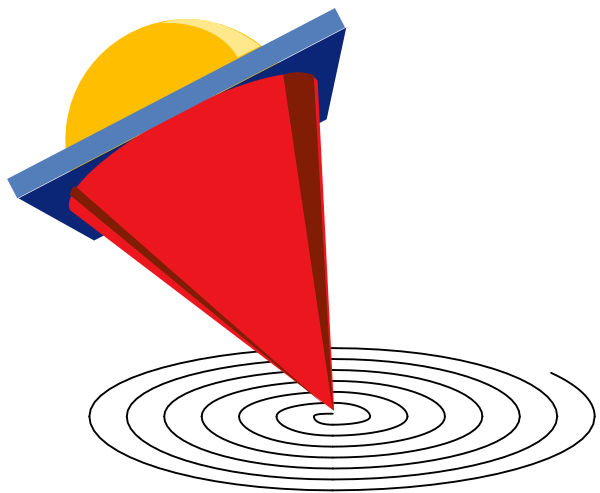 The image shows a stylized graphic with geometric shapes: there's an orange cone on top of what appears to be a red triangle; below these two figures is another shape that resembles a sun, and next to it stands a gray rectangle which could represent a building or structure.
