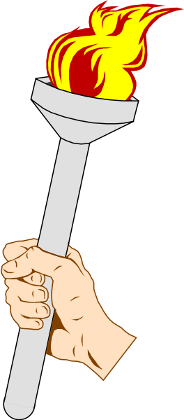 The image shows a hand holding an Olympic torch with flames at both ends against a black background.