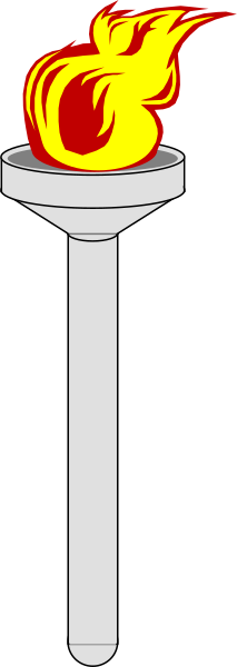 The image shows a torch with flames on top of it inside an Olympic rings symbol against a black background.