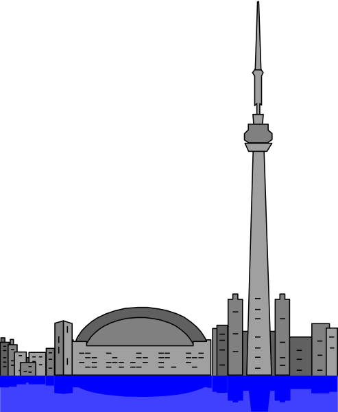 The black and white silhouette of a city skyline with an illuminated space needle at night overlooking water under a dark blue sky.