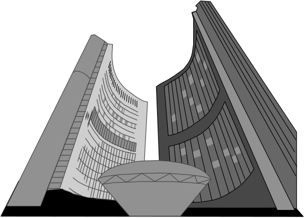 The black and white photo shows a futuristic cityscape with towering buildings that have an intricate design on their facades.