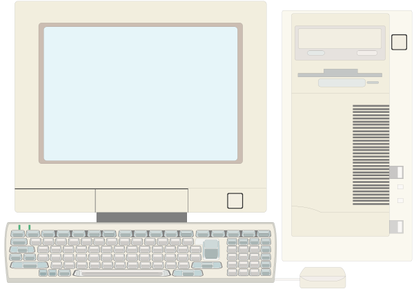 The image shows a computer setup with an open laptop on top of it, two keyboards side by side at bottom right corner, monitor displaying text in upper left quadrant, mouse to its immediate right, printer and scanner above keyboard area, all set against beige background.