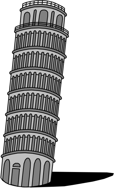 The image shows a black and white illustration of an iconic leaning tower resembling that found at Pisa, Italy.