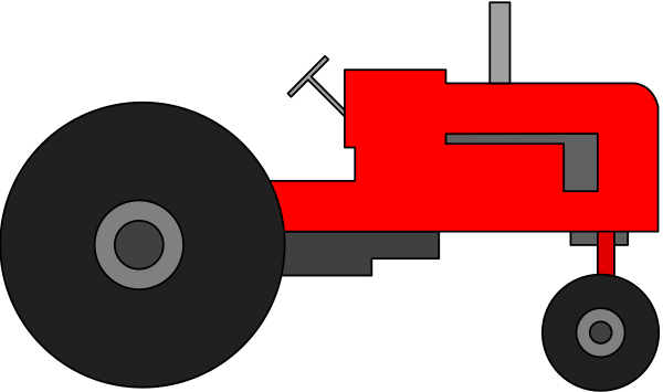 The image shows a red truck with black tires on it parked next to an object that appears to be a large gray box with some sort of mechanical parts attached to its side.