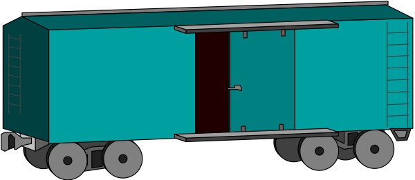 The image shows a blue train car with wheels on tracks against an indistinct background that appears to be dark grey.