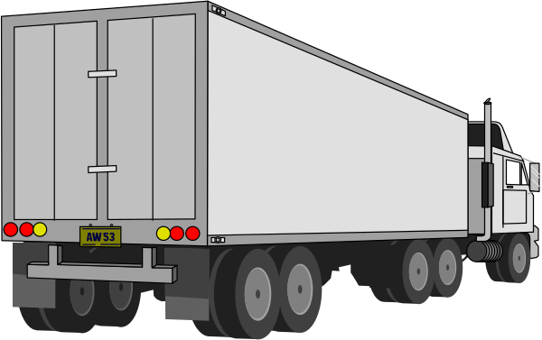 The image shows a white semi truck with an attached trailer parked on a dark road at nighttime.