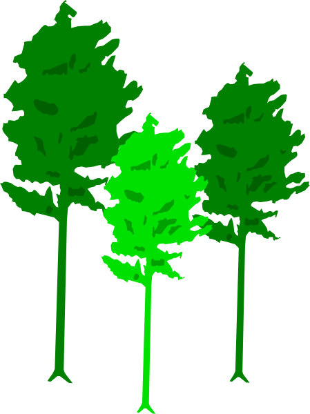 The image shows three green trees with a black background.