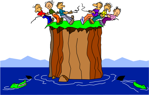 The cartoon shows a group of four animated characters on top of an eroding cliff with water below; two figures appear to be falling off while one character is holding onto something sturdy atop the rock, and there's another figure standing still in front of them all.