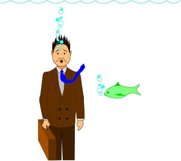 The image shows a man with scuba gear on his head standing next to an aquarium filled with water where two fish swim; he is also holding onto bubbles that resemble oxygen tanks from diving equipment, and there's another person in front of him who appears surprised or shocked by the scene.