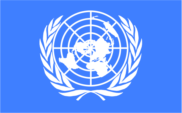 The flag of the United Nations with a globe superimposed on it against a blue background.