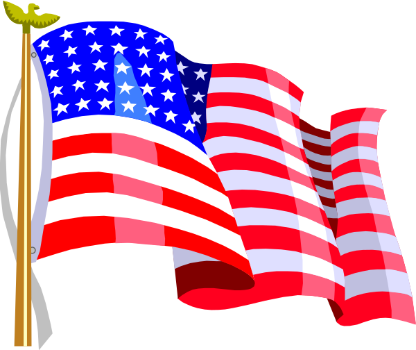 The flag of the United States displayed on a pole with two flags behind it against a dark background.