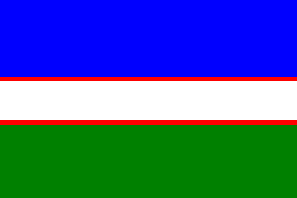 The image shows a flag with horizontal stripes of blue on top, white in the middle, red at bottom, and green along one side; it is set against a gray background.