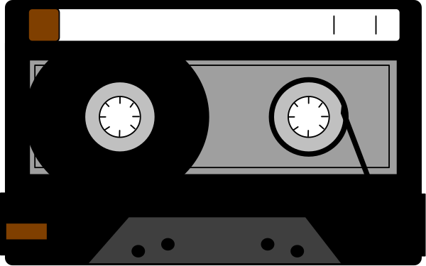 The image shows a cassette tape with its label facing forward against an abstract background that resembles circuitry patterns in shades of gray and black.