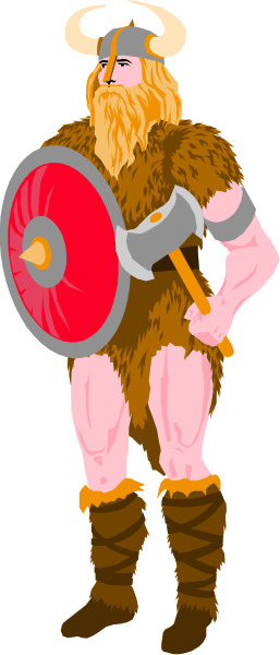 The illustration depicts a bearded man with braided hair wearing an animal skin outfit holding a spear standing against a gray background.