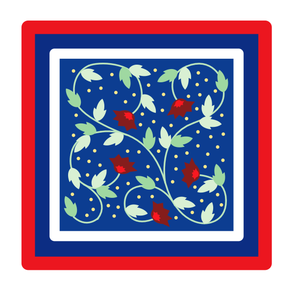 The image shows a square with an intricate blue floral pattern inside it against a red background at its corners; there is no text present in this clip-art piece.