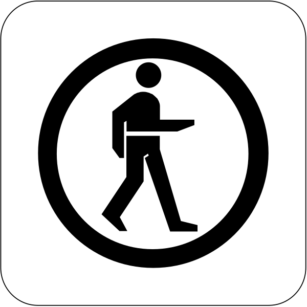 The black and white icon of a person walking with an open umbrella on their head.