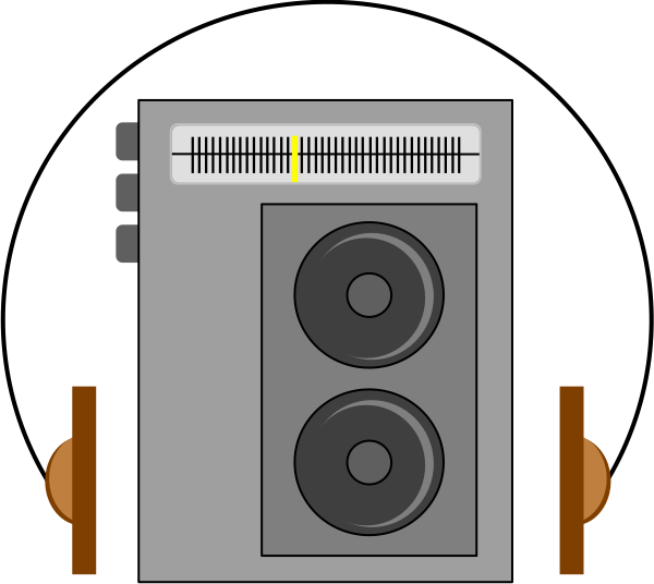 The image shows a cartoon of an old stereo system with two speakers on either side, placed inside what appears to be a small room or booth.