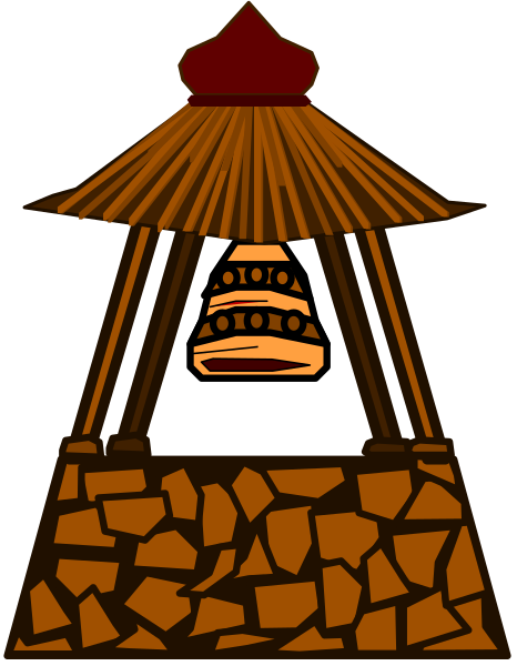 The image shows a stylized depiction of an indigenous hut with thatched roofs made from straw-like material, featuring what appears to be a small figure inside it holding up one side; there is also a red object resembling a flower or sun on top and some kind of brown structure at the bottom.