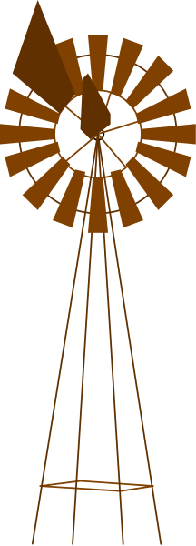 The image shows a black and white photo of an orange windmill with blades against a dark background on top half; bottom half is grayish-white showing two vertical lines that could be interpreted as poles, possibly representing powerlines in front of which there's no visible object or action taking place.