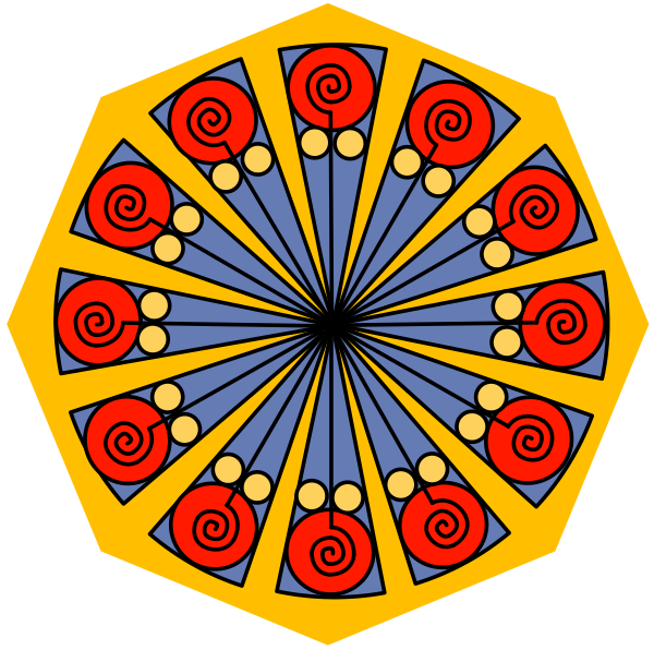 The image shows a pizza with various toppings inside an open umbrella that has red swirls on its canopy.