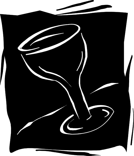 The image shows a wine glass filled with red liquid placed on top of an upside down blue vase that is also holding more of the same colored liquid inside it.