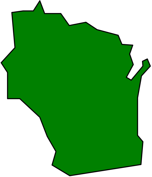 The image shows a stylized map of Wisconsin with green areas indicating regions that have been affected by flooding due to heavy rainfall in 2018. There is no text present on this clip-art graphic, and it appears to be an informational or educational illustration rather than artistic expression. It does not depict any people, animals, actions, or specific setting beyond the geographical representation of Wisconsin with highlighted areas affected by flooding in a particular year.