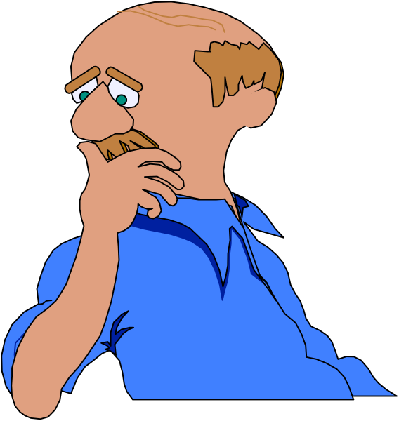 The image shows a cartoon of an adult male with balding hair on his head, wearing glasses over eyes that appear to be in deep thought as he sits at what seems like a desk or table indoors. He is dressed casually and has facial stubble.
