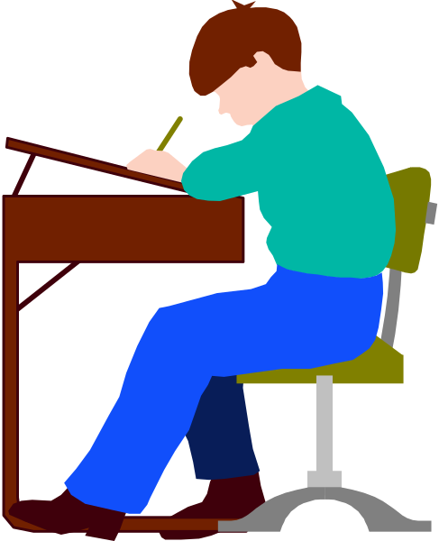 The illustration depicts a young boy sitting at an orange desk with pencils on it, writing into his notebook while wearing blue jeans.