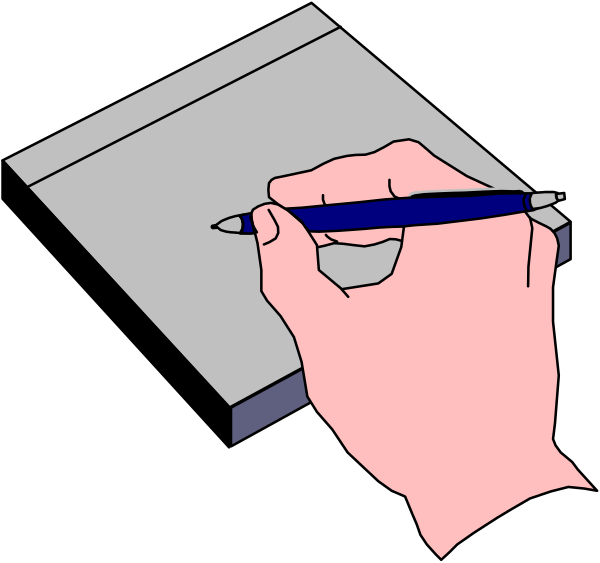 The illustration shows a hand holding an ink pen over paper with writing on it; there is no text present to provide additional context about what might be written in this image.