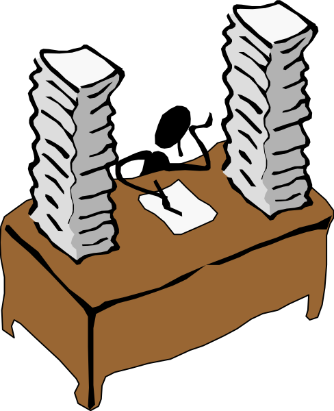 The black and white illustration shows a desk with two stacks of papers on it; each stack is topped by an open book lying flat atop them.