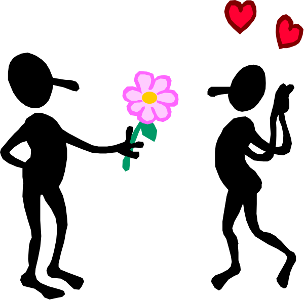 The image shows a black background with an illustration of a pink flower on its stem topped by two blue leaves atop it; there is also a small red heart in the upper right corner next to the flower, and below that, another smaller red heart nearer the bottom left corner where you can see part of what appears to be text.