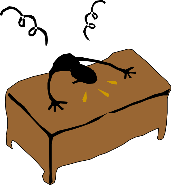 The black and white illustration shows a cartoon of an unmade bed with two pillows on it; there is no person in sight but one can infer that someone was recently sleeping here due to the rumpled sheets, which have been disturbed by their movements while asleep or getting up from sleep.