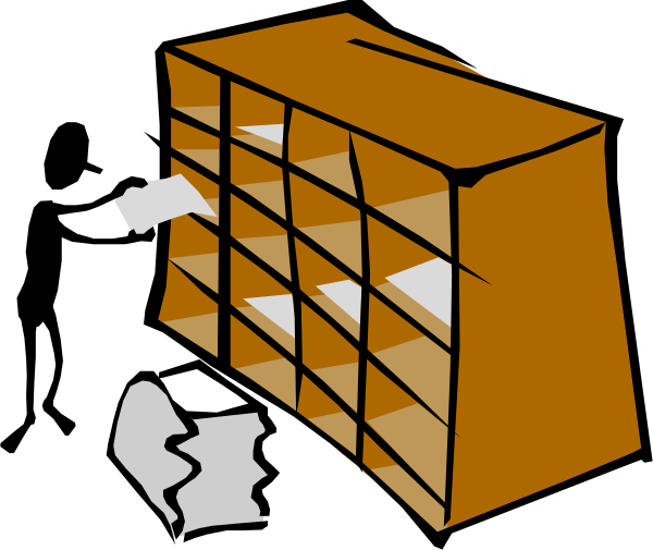 The image shows a cartoon of an open cardboard box with papers falling out onto what appears to be a dark background; there is no text present in this clip-art illustration.