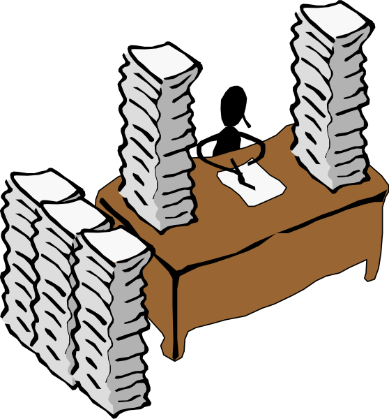 The illustration shows a desk with papers on it next to an overflowing stack of paperwork that is spilling onto another pile behind it; there's no person in sight.