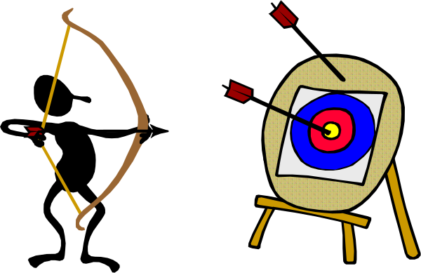 The image shows a black archery target with an arrow through it on top of a wooden table next to two bowls that have arrows in them; there is also another set of three bows resting against each other and one additional single-arrowed bow leaning nearby, all within the frame of what appears to be a dark room.