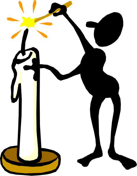 The image shows a lit candle with wicks on either end inside an open book that is placed against a dark background; there's also what appears to be fireworks exploding above it in white lines.